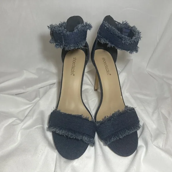 Retro Sexy Denim Fringe High Stiletto Heels Open Pointed Toe Sandals Sz 11 - Picture 3 of 12